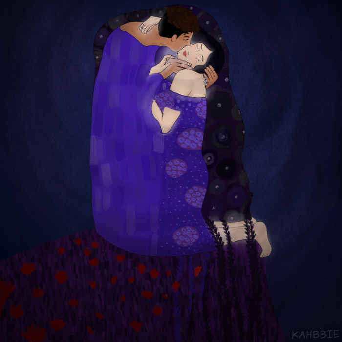 Illustration of Tobias and Leila, book characters from The Savior's Champion by Jenna Moreci in the style of Gustav Klimt's painting The Kiss